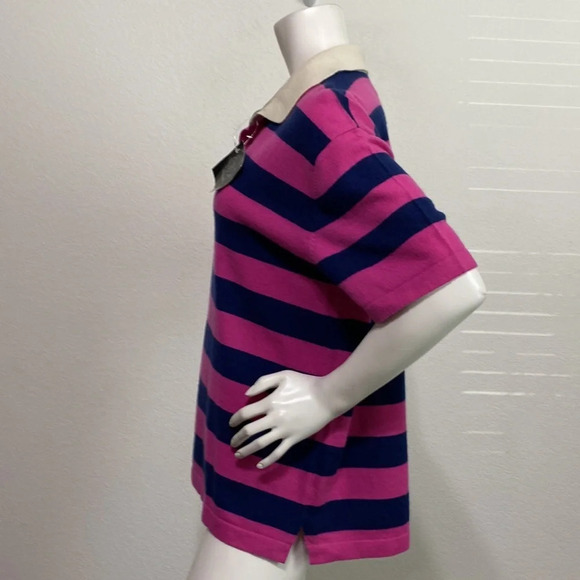 Bacca Da Silva NEW Cashmere Polo Shirt Striped Large Chest Logo Pink/Navy Size M - Picture 4 of 9
